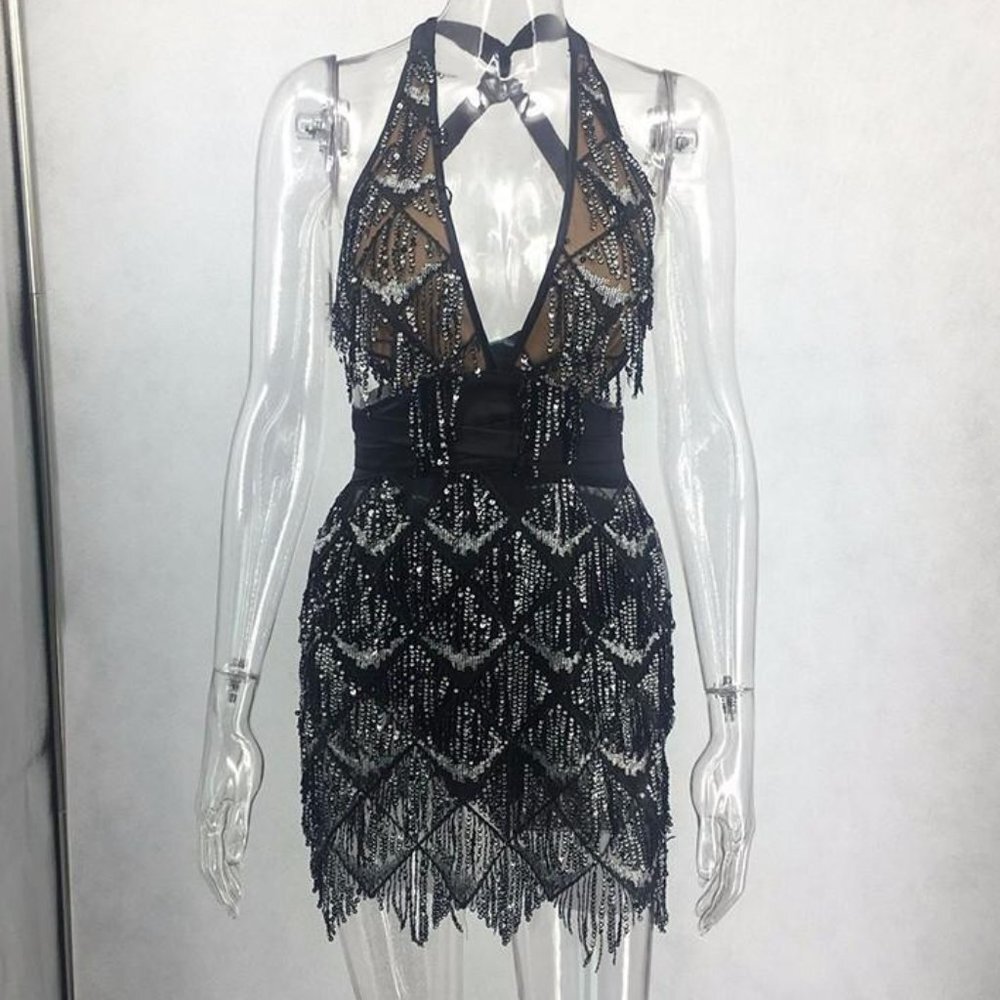 Bodycon Dress Women Deep V Neck Tassel Sequined - Picture 3 of 5